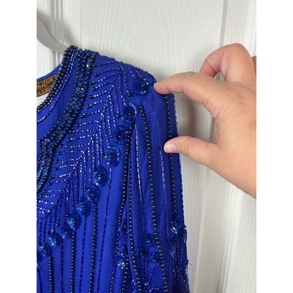 Vintage Blue Silk Full Sequin Formal Event Blouse Top Medium Short Sleeve - Picture 3 of 9